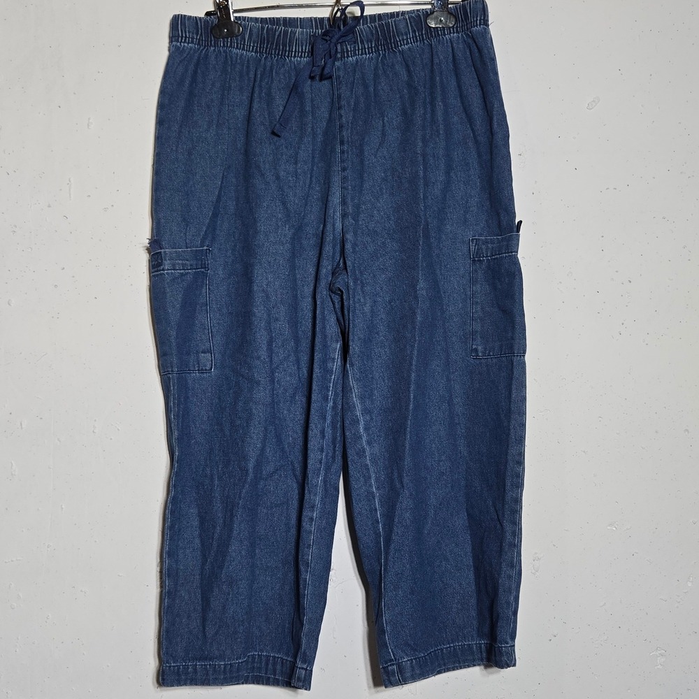 Basic Editions Womens Denim Cargo Pull On Capri Pants M Utility Gorp Stretch